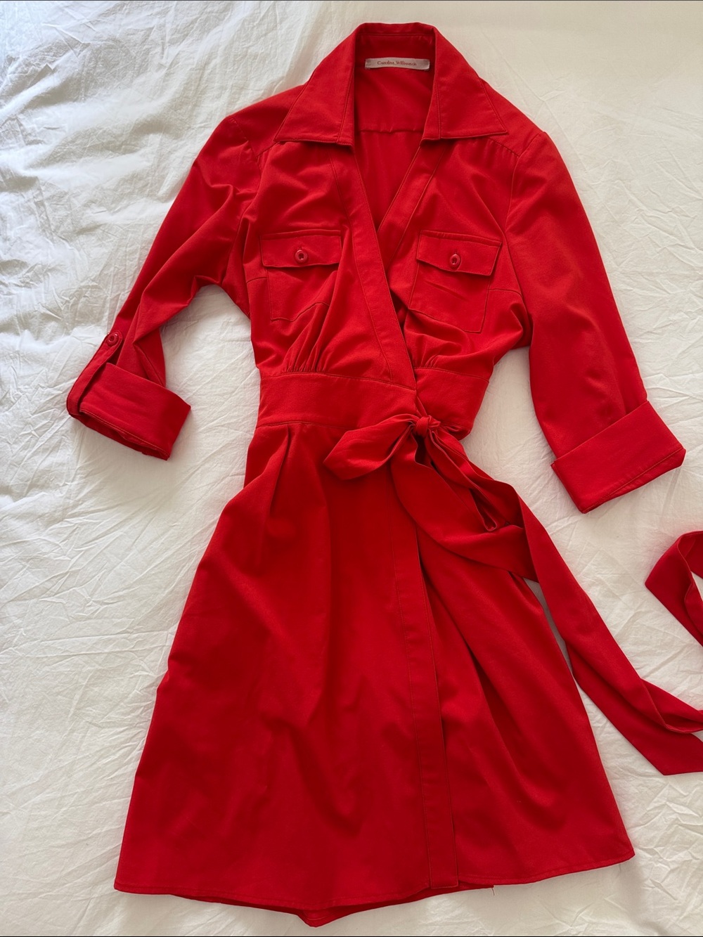 Red Wrap Trench Dress Coat with Tie Waist